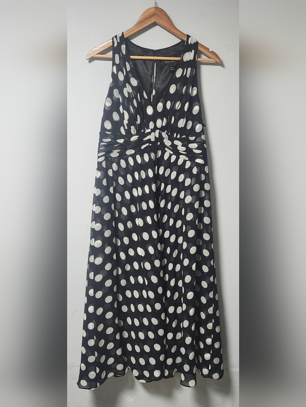White House Black Market Polka Dot Silk Fit Flare Sleeveless 14 L Knee Dress
